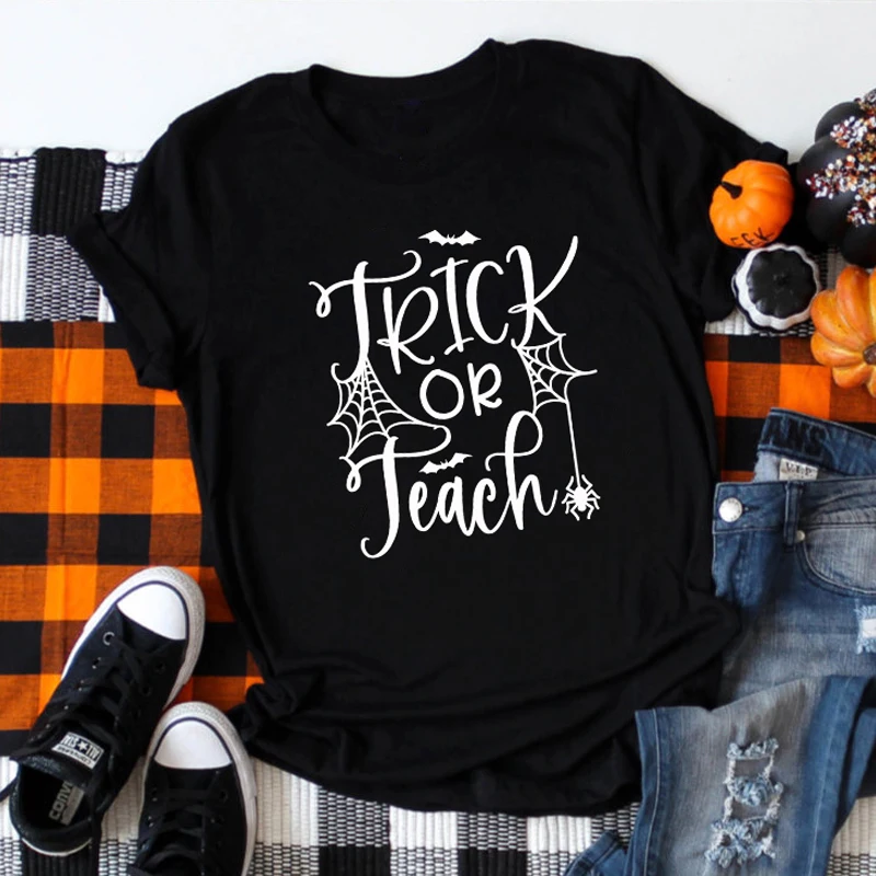 

Unisex Trick Or Teach Halloween T-shirt Women Graphic Costume Party Tshirt Funny Crewneck Holiday Teacher Tees Tops Drop Ship