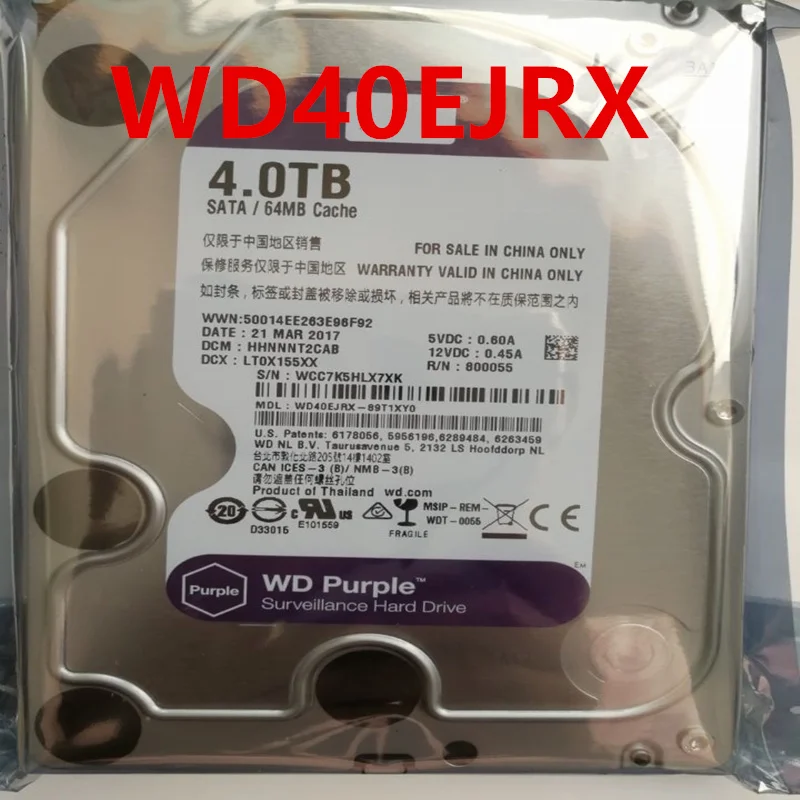 New Original HDD For WD Purple 4TB 3.5" SATA 6 Gb/s 64MB 5400RPM Internal Surveillance WD40EJRX |