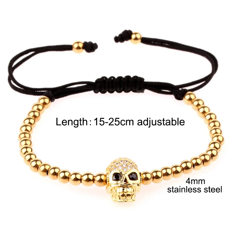 Simple design Gold Stainless Steel Beads CZ Pave Skull Charm Macrame Bracelet Men Women - Image 2