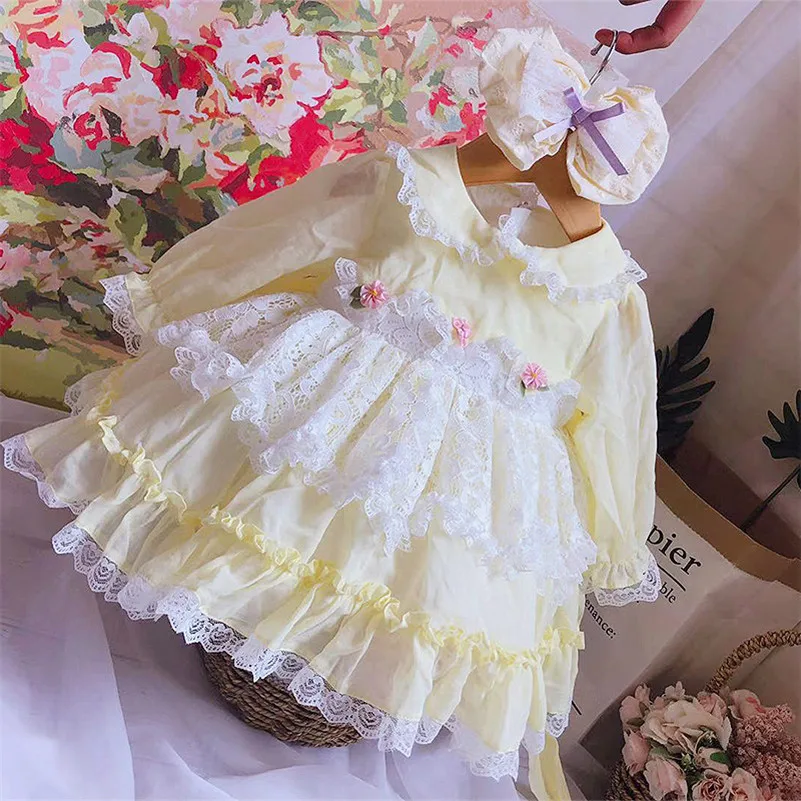 

2019 Girl Lace Yellow Floral Dresses Kids Lolita Luxury Spain Dress Autumn Baby Girl Spainish Sweet Clothes G074