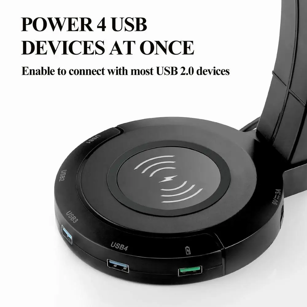 befon RGB Headphones Stand with 4 USB Ports Support Wireless Charging Headphone Holder for Gamers Gaming PC Accessories Desk