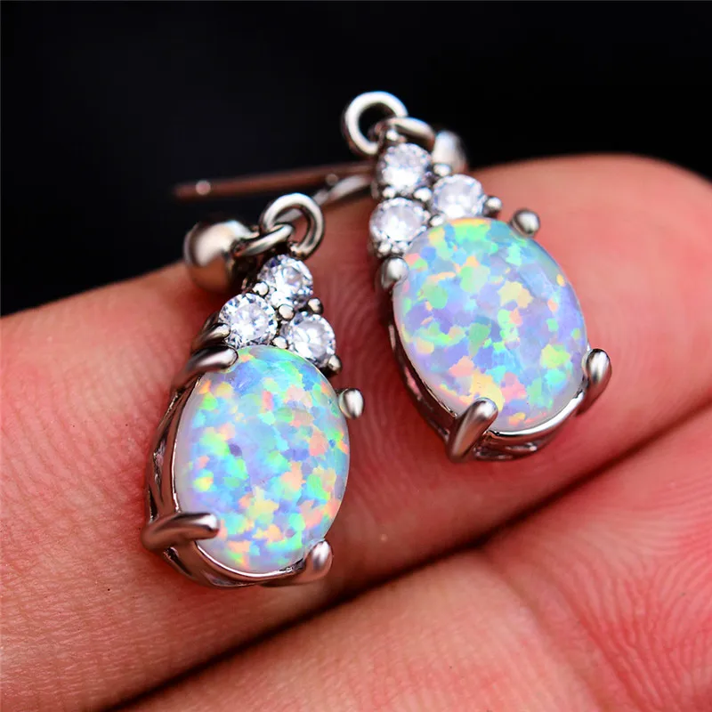 

Cute Ladies Blue White Opal Stud Earring Classic Silver Color Oval Earrings With Zircon Fashion Party Wedding Earrings For Women