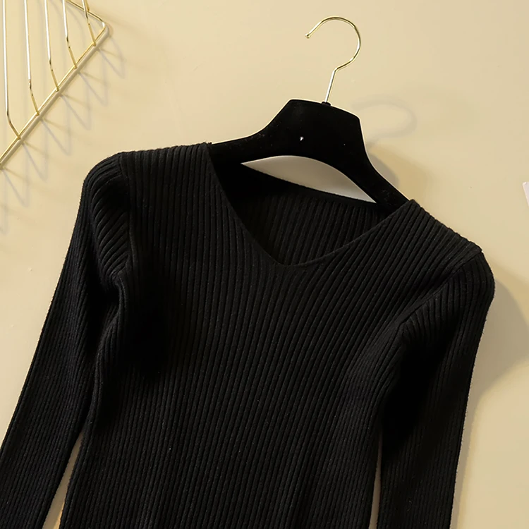Однотонный вязаный свитер с v-образным вырезом и широкими полосками, Женский Повседневный тонкий теплый джемпер с длинным рукавом, женский модный пуловер, свитер