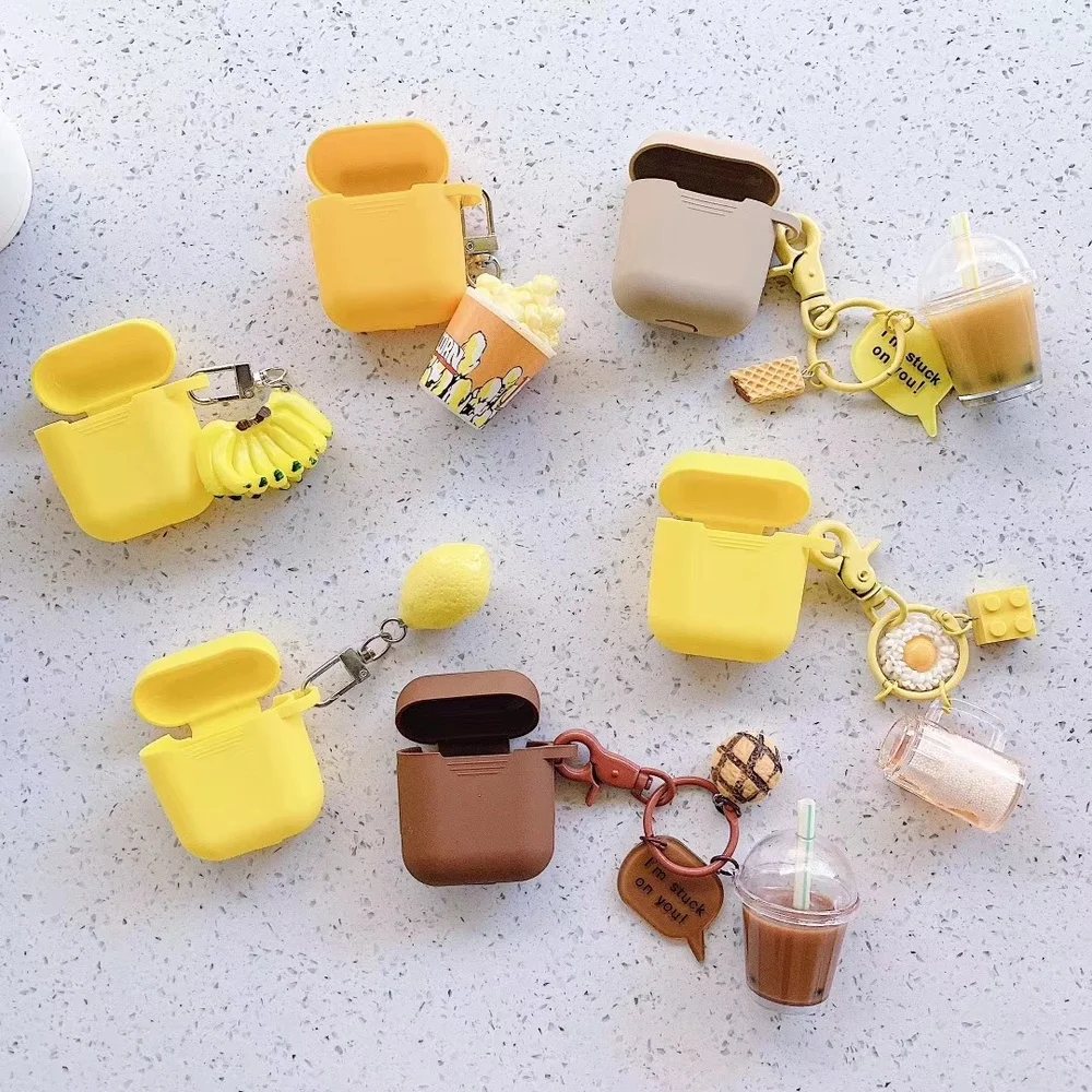 

3D Doll Milk Tea Keychain Earphone Case for AirPods 1 2 Case Cute Banana Lemon Soft Silicone Earbud Case for Air Pods 2 Coque