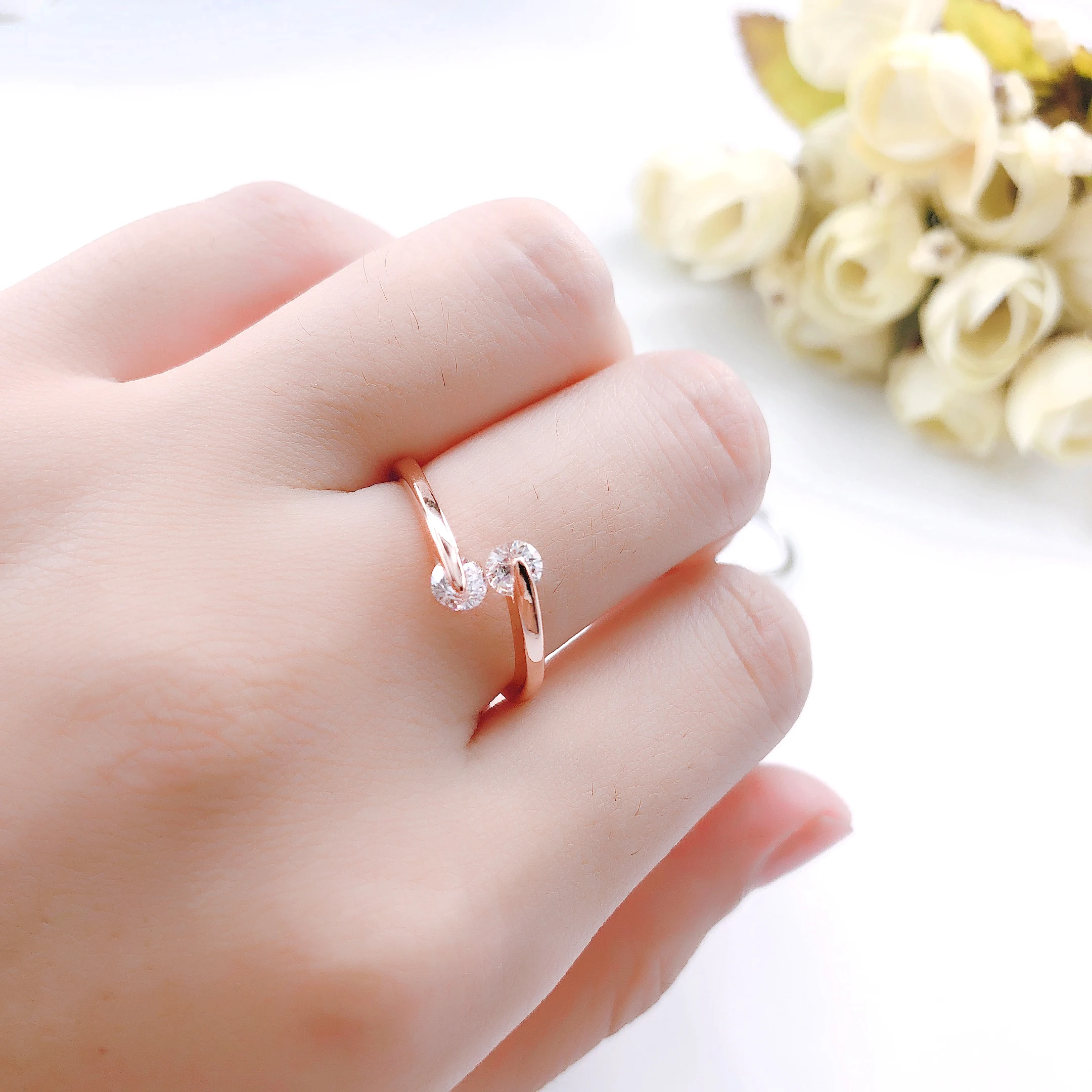 Adjustable Lightning Bolt Ring – 18K Rose Gold Tone, Cubic Zirconia, Open Finger Design, Fashion Jewelry Gift - View #10