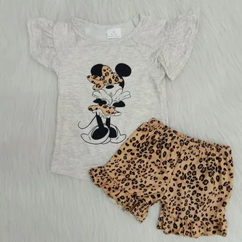 

Toddler Kid Baby Girl Fly Sleeve Cartoon Mouse Tops Leopard Short Pants Outfit Clothes 2PCS Boutique Kids Clothing Sets