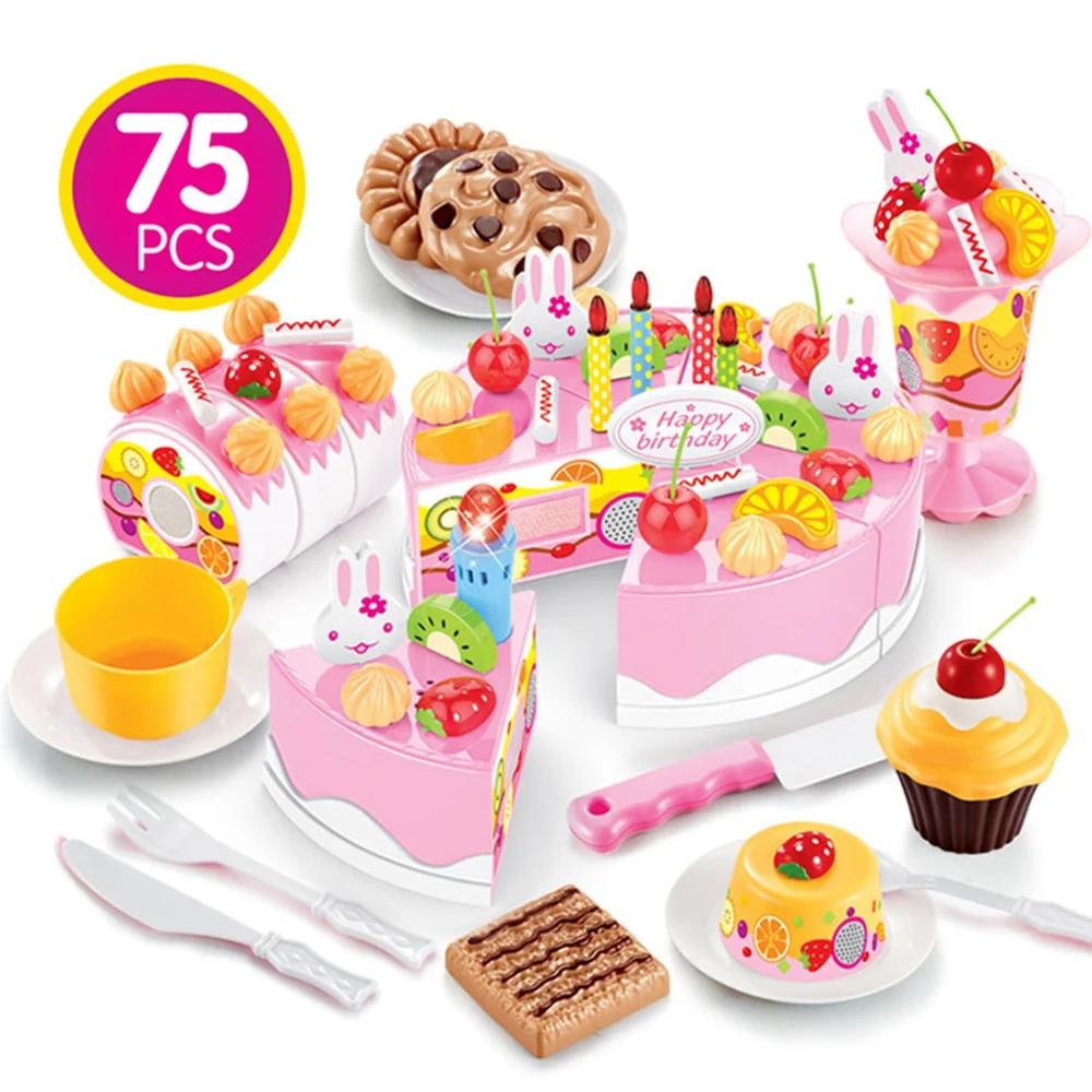 75-82 шт DIY Набор игрушек для торта, кухонная еда, ролевые игры, вырезание фруктов, игрушки для дня рождения, светильник, музыка, Детская развивающая игрушка для девочек