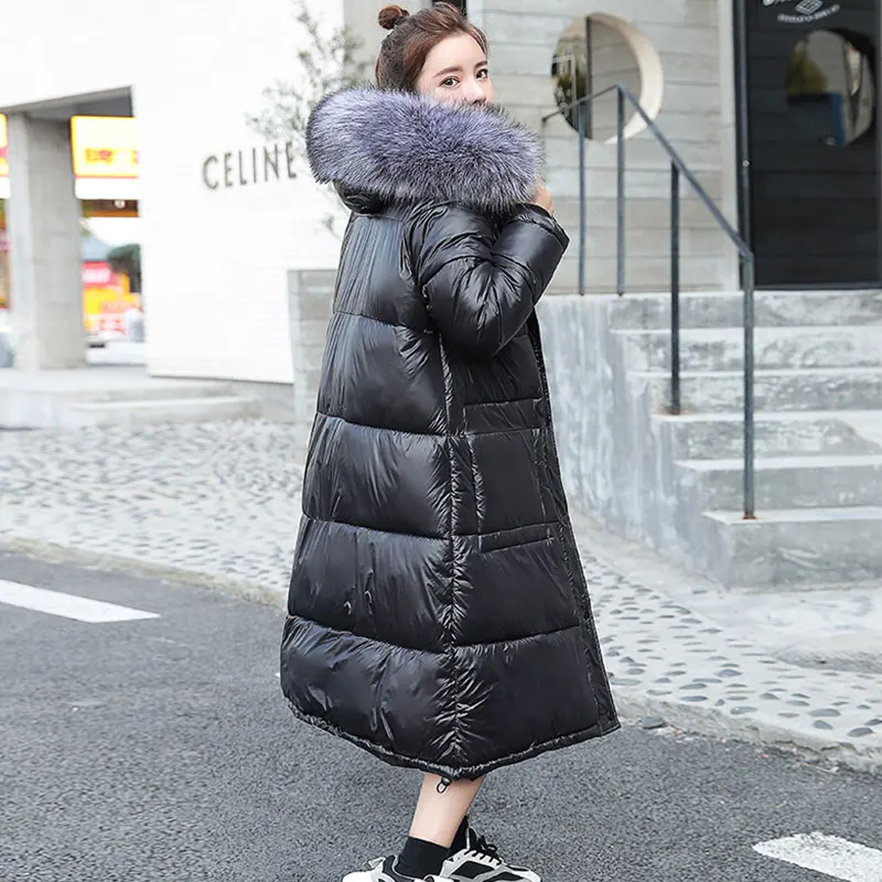 Модные женские пуховики Зимняя теплая куртка-парка с капюшоном черные толстые повседневные Длинные куртки свободные большие размеры зимнее пальто для женщин