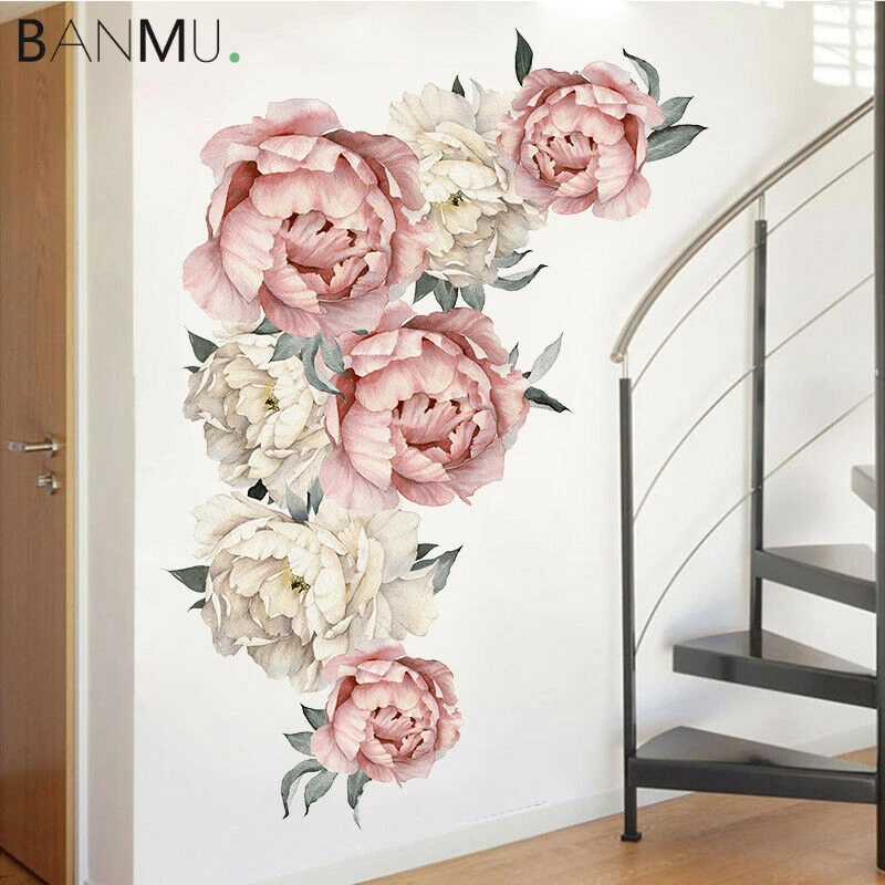 

BANMU Peony Flowers Wall Art Decals DIY Vinyl Wall Sticker Background Sticker For Living Room Decoration Home Decor
