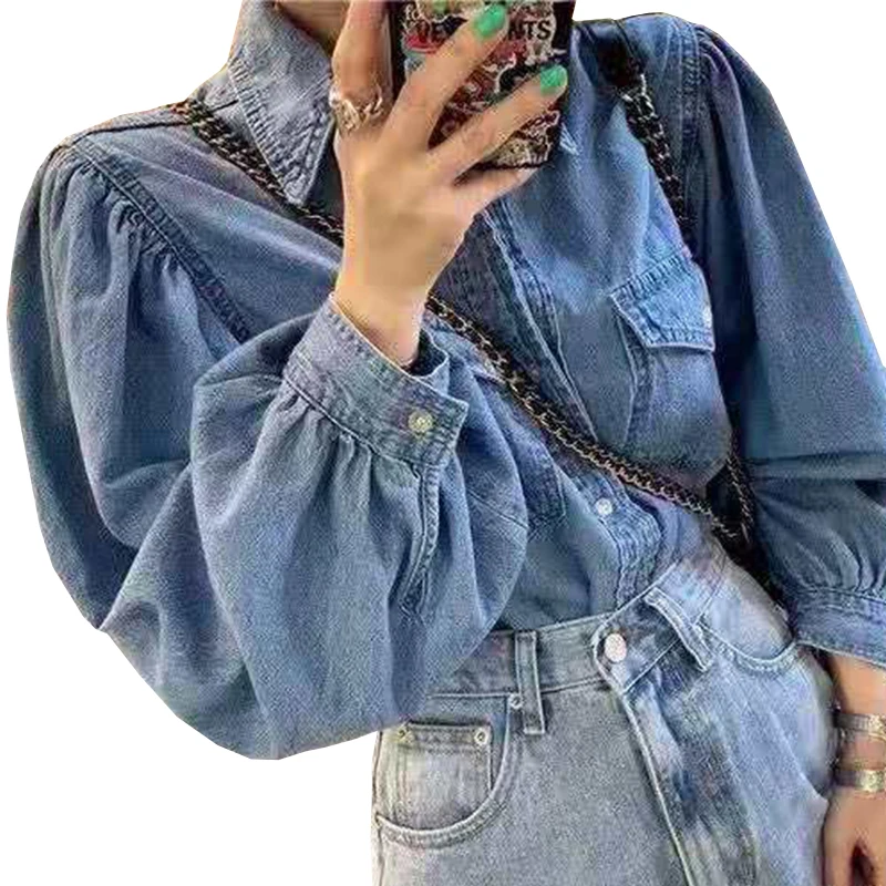Корейская джинсовая куртка с пышными рукавами осенняя синяя джинсовая куртка Женская Осенняя панк-куртки пальто Женская негабаритная уличная одежда