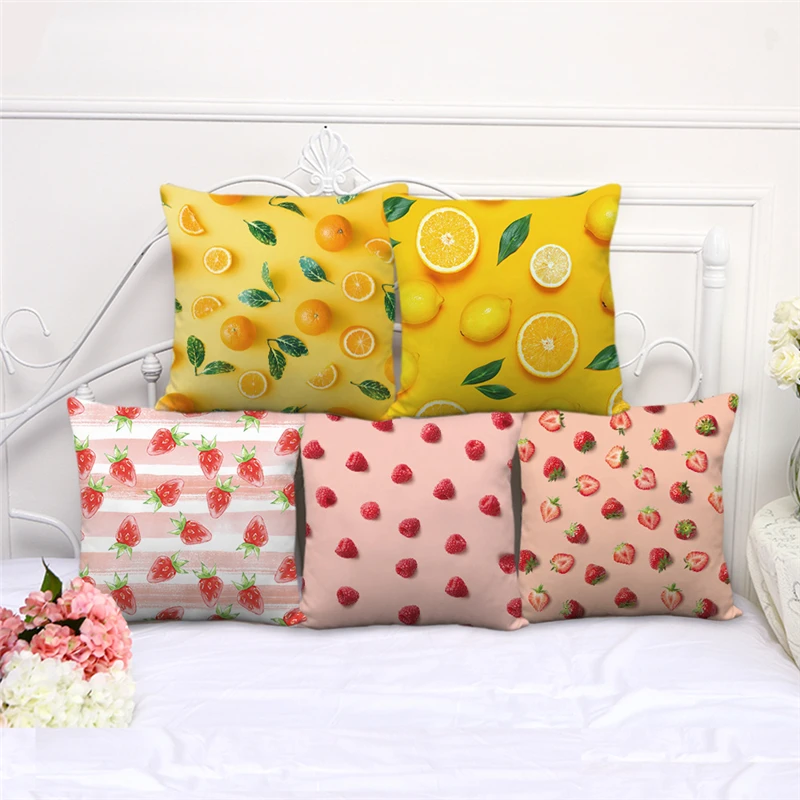 

c06067 Ins Nordic Style Fruit Print Pillowcase Custom Lemon Strawberry Watermelon Print Cushion Cover Soft Velvet Throw Pillows