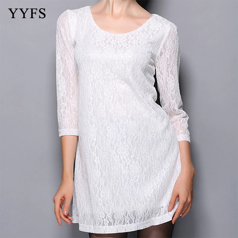 

2019 Autumn Women Black Dress Hollow Out 3/4 Sleeve Casual Lace Dress For Women O Neck White Lace Vestidos