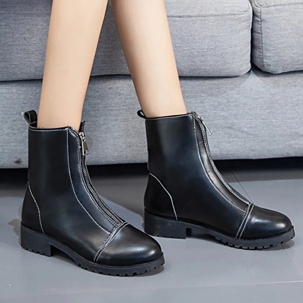 

2019 Hot Selling Black Boots Women 2019 Winter Warm Plush Round Toe Shoes Ladies Zipper Square Med Heels Booties Botas Feminina