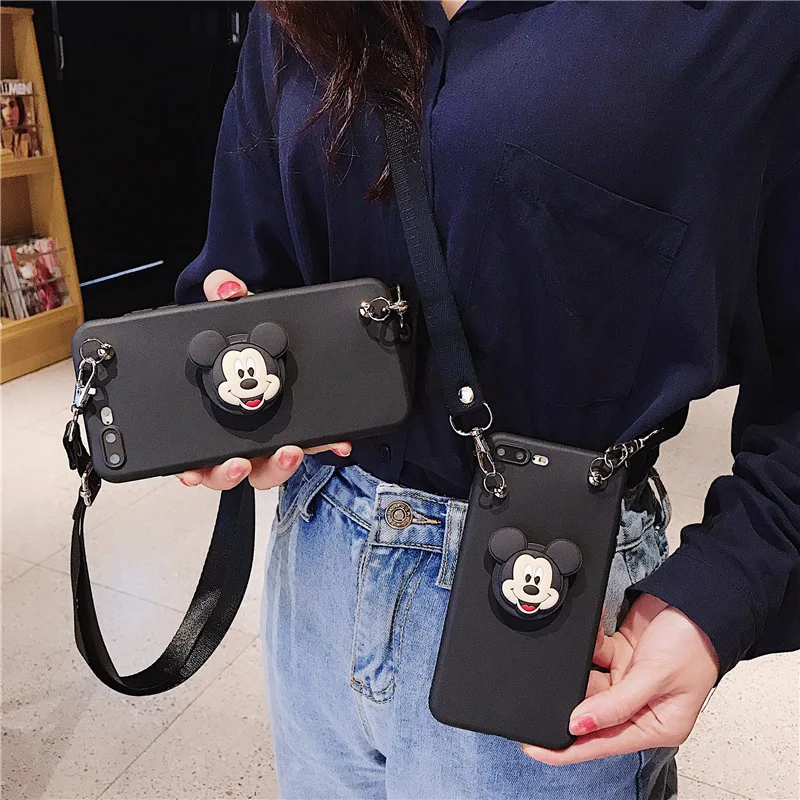 

3D Cute Cartoon Mickey Phone Case For iPhone 7 7 Puls 6 6S 7 8 Puls X Xsmax XR Xs Cases Reteo Lanyard Soft Silicone Cover