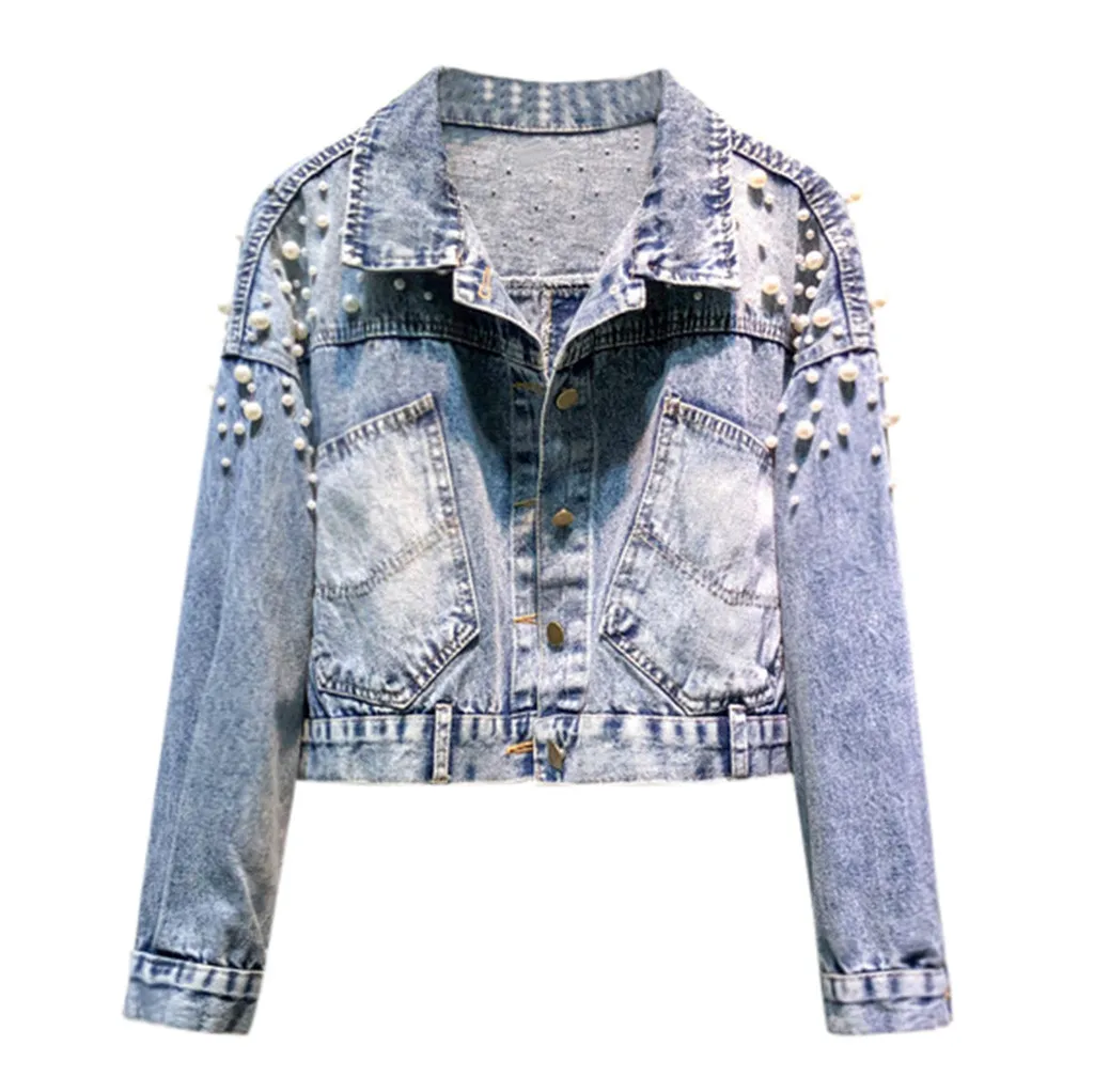 

JAYCOSIN Plus Size Pearl Beading Short Denim Jackets 3Xl 5Xl Women White Wash Long Sleeve Vintage Casual Jean Jacket Bomber 812W