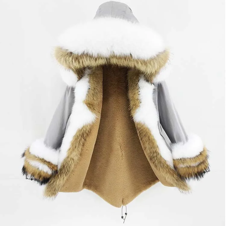 Зимняя женская куртка из натурального меха енота, воротник из лисьего меха, капюшон с манжетами, Толстая теплая верхняя одежда, новая длинная парка, пальто из натурального меха - Цвет: gray 1