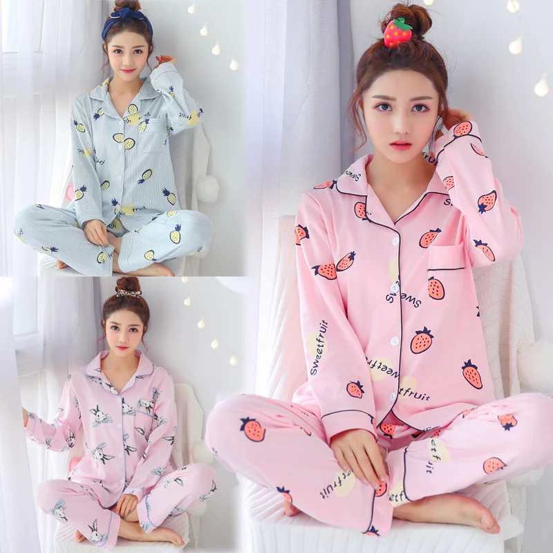 

Spring And Autumn Pajamas Women's Long-sleeved Cardigan Fold-down Collar Cotton Strawberry Stripes Rabbit Students Large Size Ho