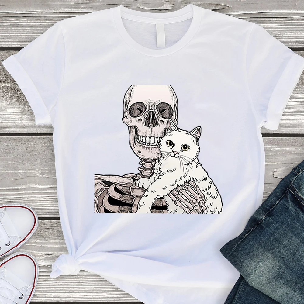 

Skeleton Hug Cat Print Funny Women T-shirt Personality Vogue Gorgeous Short sleeve Tops Europe and America Halloween Tshirt