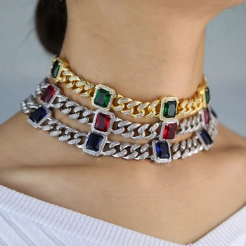 

micro pave cz 12mm cuban link choker women necklace hip hop bling big red green blue stone chunky chokers