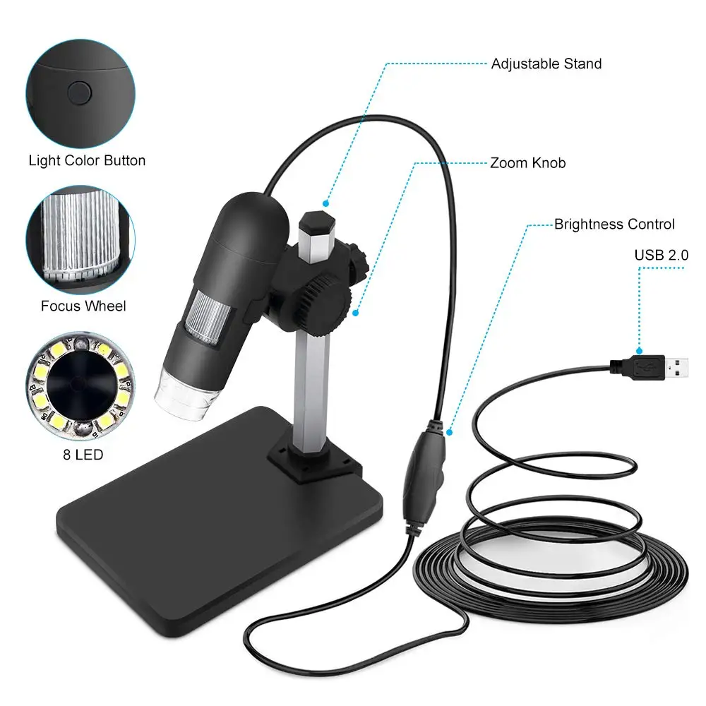 USB 2,0 Цифровые микроскопы, depstech 1 до 1000X увеличительный эндоскоп, 5X зум Мини инспекции Камера с 8 регулируемый светодиодный