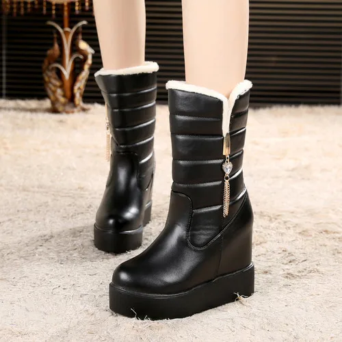 Black Chain Г., новые популярные женские зимние ботинки однотонные зимние ботинки с искусственным мехом, увеличивающие рост женская обувь - Цвет: Black Chain