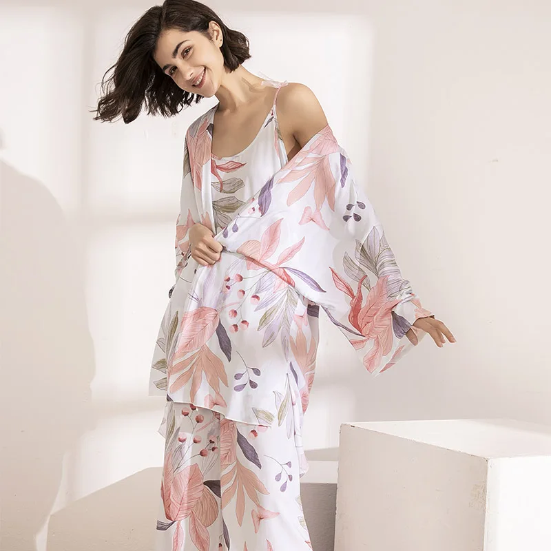Новинка, Женский мягкий элегантный пижамный комплект из 3 предметов, пижамы большого размера с принтом фламинго, домашняя одежда, кардиган+ камзол+ штаны на осень - Цвет: color02