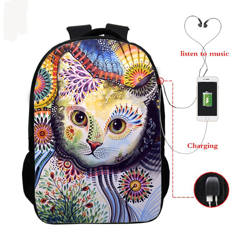 Cat Print Backpacks USB Charge Casual Laptop Backpack Fashion Books School Bag for Teenager Girls Boys Travel Backpack Schoolbag