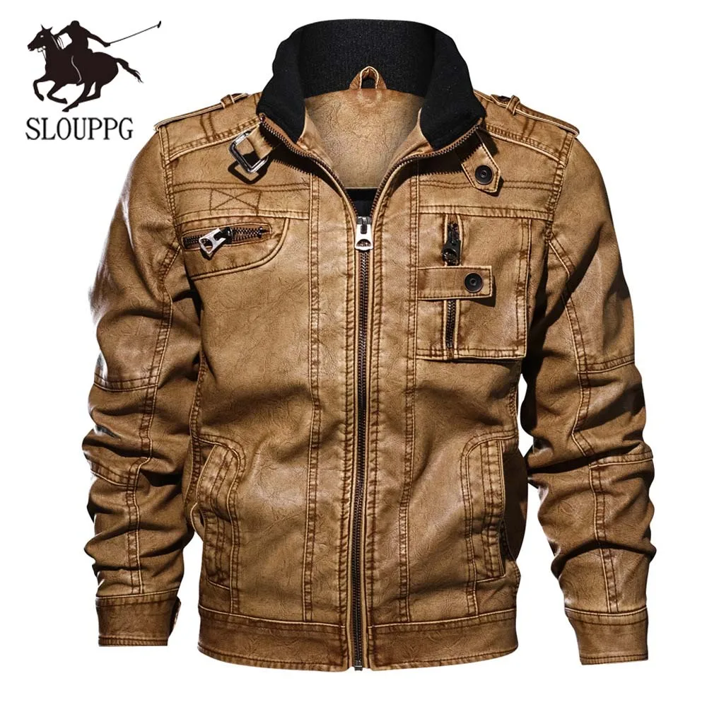 Осенне-зимняя мужская куртка из искусственной кожи с воротником, одноцветная, с эффектом потертости, мотоциклетная куртка большого размера, мужская кожаная куртка - Цвет: Хаки