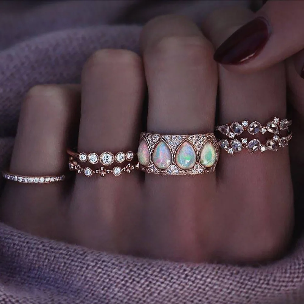 Женский винтажный комплект колец с опалом и кристаллами регулируемые кольца