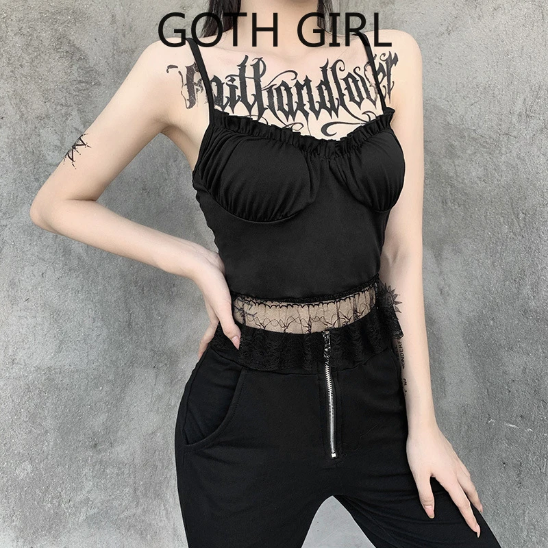 ゴス少女新ホットデザインセンス裸バックプリーツダンガリーシャツ女性のレースのステッチ胸強調しトップファッションy2kファッション Camis Aliexpress