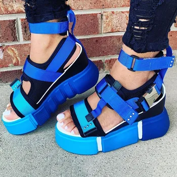 

Blue Color Block Sandals Velcro Platform Open Toe Platform Women 2020 Summer Fashion Casual Outdoor Beach Shoes Multi Colors