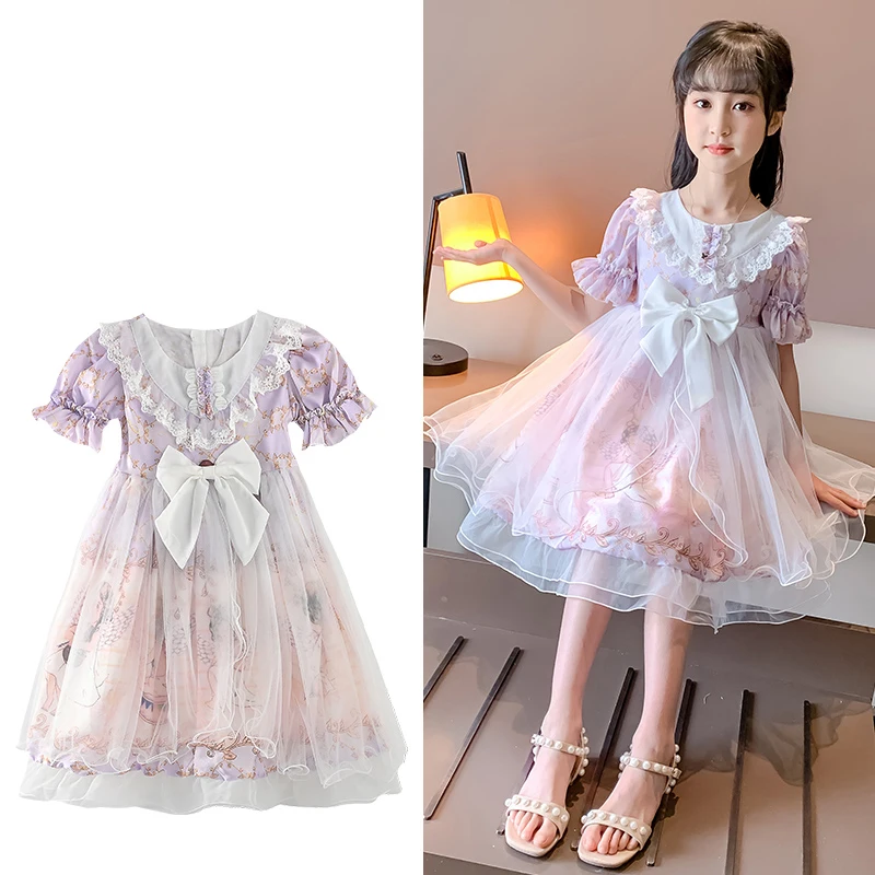 Princess Lolita Skirt Girls Summer New Western Children Cartoon Dress Short Sleeve Puffy Tulle Skirt cute kids loli clothes