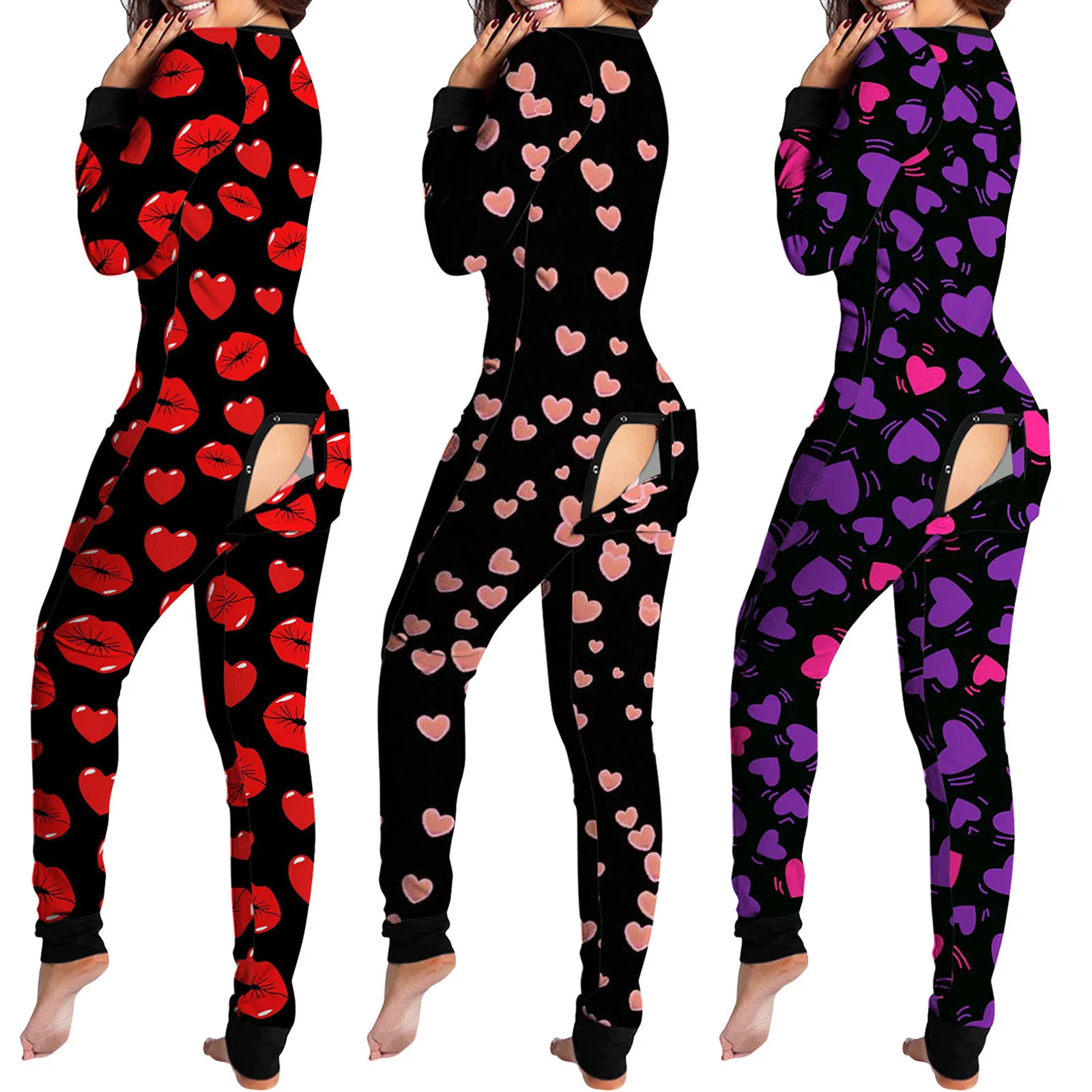 Sexy Pyjama Women's Jumpsuit women jumpsuit women bodysuit sleep wear set Suit Onesies Button-down Back Butt Bum Open Ass Flap Jumpsuit Heart Print Loungewear Bodysuit