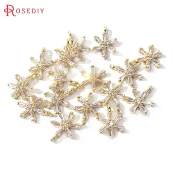 

(38119)10PCS 10MM 24K Champagne Gold Color Brass and Zircon Snowflake Charms Pendants Jewelry Making Supplies Diy Accessories