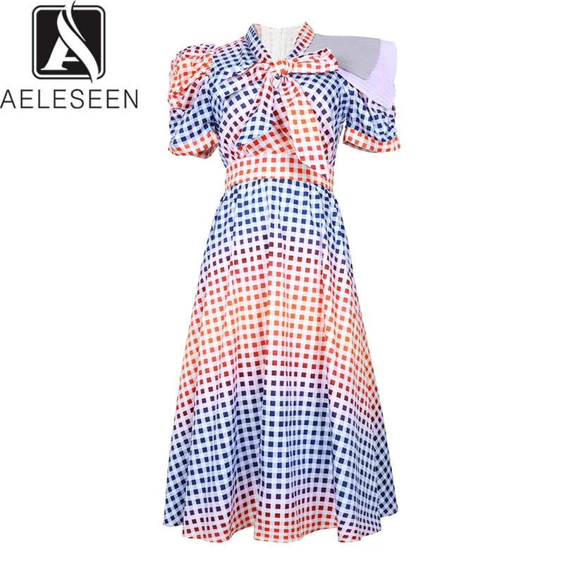 

AELESEEN High Street Style Gradient Plaid Dresses Women 2019 Autumn New Fashion Bow Collar Puff Short Sleeve A-Line Midi Dresd