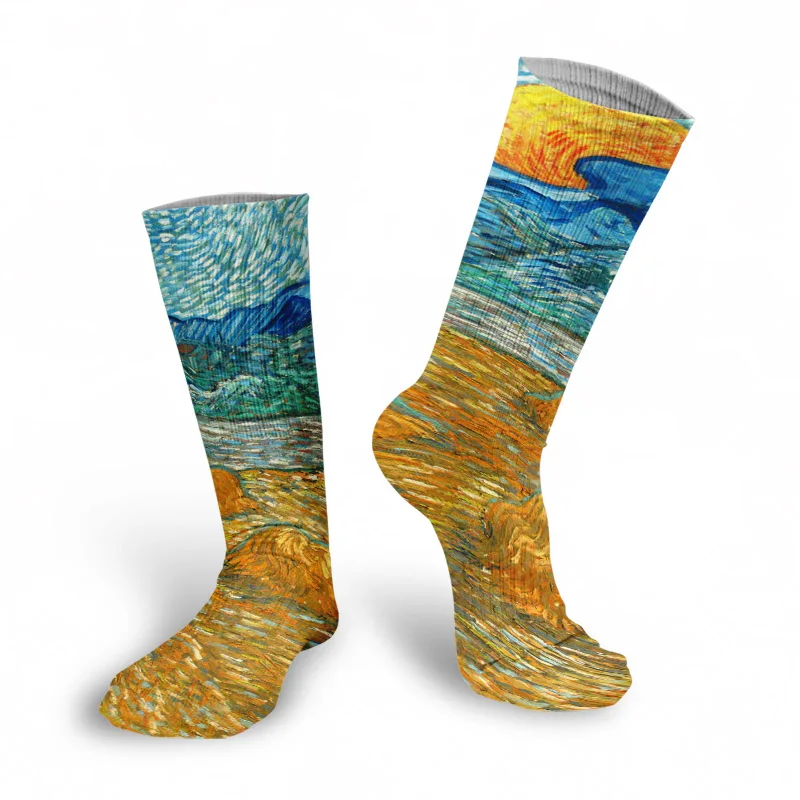 New Style Oil Painting Eiffel Tower Art Socks Men Women Pure Cotton Harajuku Retro Pastoral Scenery Happy Long Tube Funny Socks