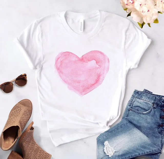 Heart flower print ladies T-shirt ladies casual basis O-collar white shirt short sleeve ladies T-shirt love graphic printing 19855