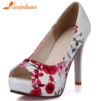 

KARINLUNA High Heels Dating Sandals Elegant Shallow Peep Toe Women Sandals Classic Colorful Flower Print Platform Women Shoes