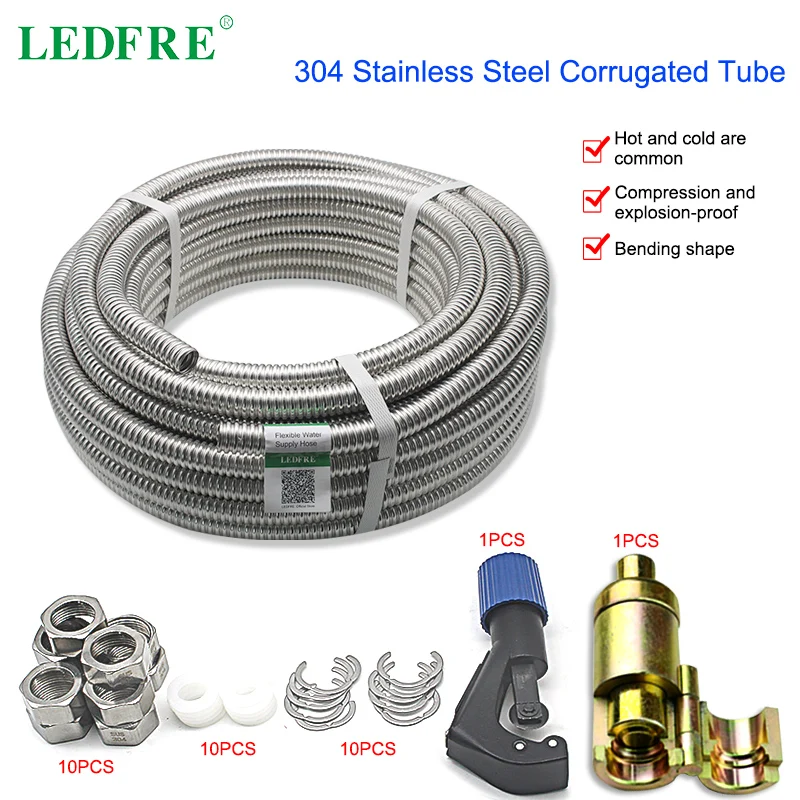 LEDFRE 304 Stainless Steel Metal Corrugated Tube Retractable DIY Pipe Useful Plumbing Hose  Connector 3/8 1/2  3/4 1  LF16006