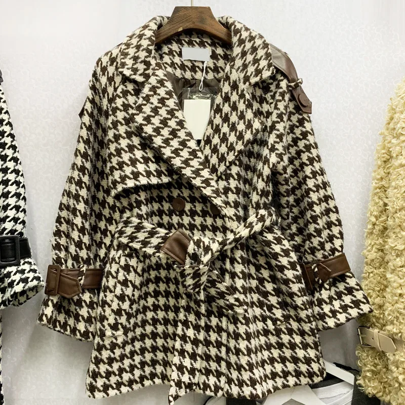 Винтажное клетчатое шерстяное пальто для женщин, осенне-зимние куртки, повседневная короткая ветровка в стиле ретро, корейское шерстяное пальто с узором "гусиная лапка" XA 392 - Цвет: coffe