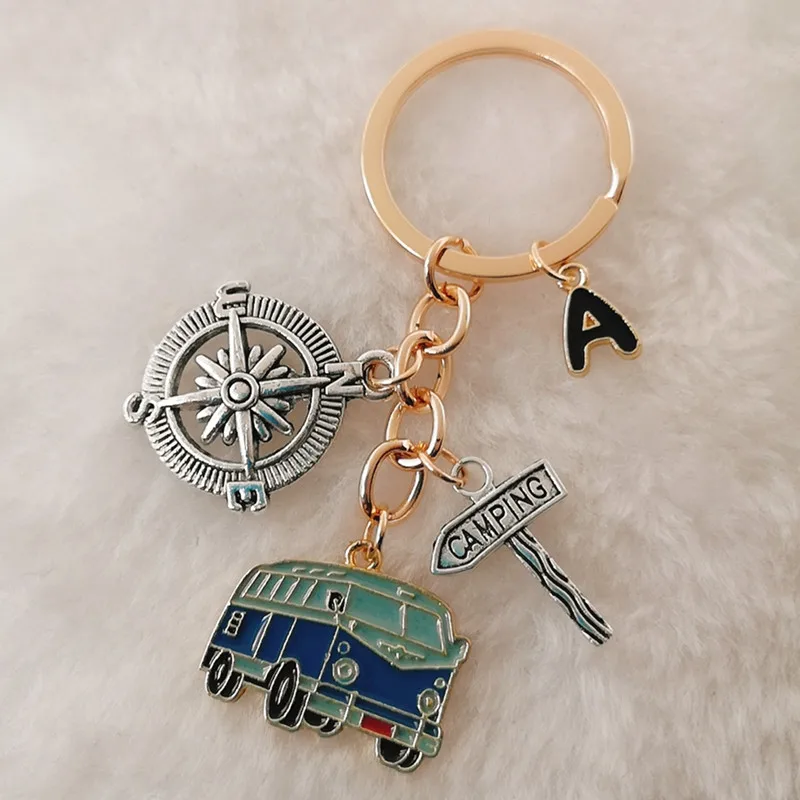 A-Z letter cute camper wagon keychain I love camping trailer road sign compass vacation travel souvenir gift | Украшения и