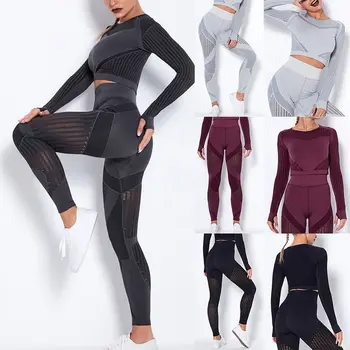 

Women's Tracksuit Yoga Gym Sets Workout Clothes Fitness Running Sportwear Women Long Sleeve High Waist Mesh Leggings Shirt Suit