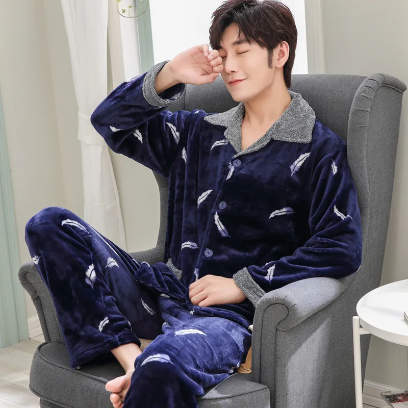 

Flannel Pajamas MEN'S Cardigan Winter Extra-large Thick Warm Cut Flower Long Sleeve Men Homewear Set 427-3