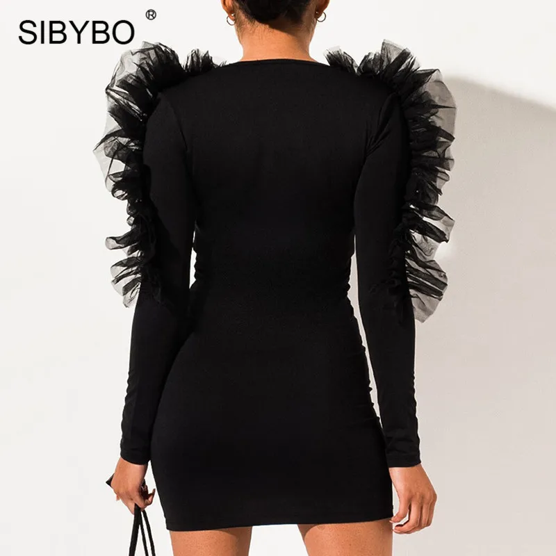 SIBYBO Ruffles Mesh Spliced Sexy Bodycon Dress Long Sleeve Mini Autumn Dress Women V-Neck Leopard Print Elegant Party Dress