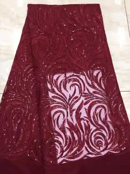 

high quality wine red African French net lace fabric with allover embroidery and sequins for party dress 5yards FZZ504