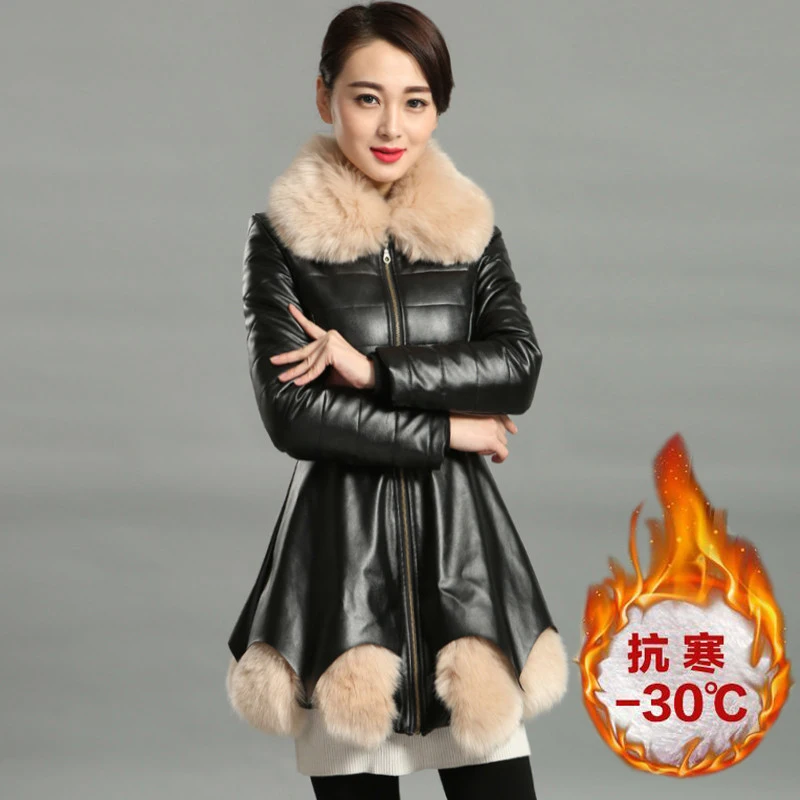 New Winter Warm Jackets Womens Plus size Jackets Imitation Fox fur collar PU leather Jacket Mink splice Windproof Overcoat F1079