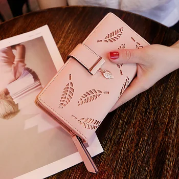 

2020 New Korean Women's Wallet Long Fashion ID Card Holder Clutch Hollow Leaf Zipper Buckle Purse Handbag Card Wallet