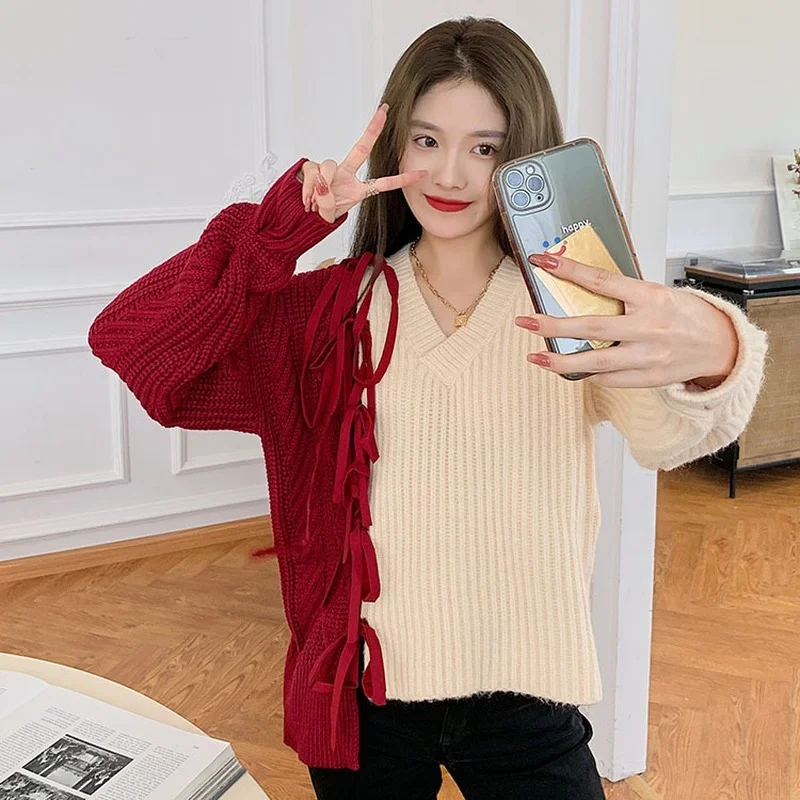 

2023 Fashion New Loose Striped Color Matching Knitted Tie V-neck Long-sleeved Pullover Sweater Female Autumn And Winter