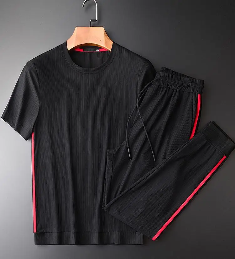 Летние мужские комплекты(T-SHIRTS+ брюки) размера плюс 4xl, модные летние тонкие мужские комплекты с коротким рукавом, облегающие мужские комплекты со штанами