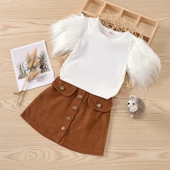 

Fashion Children Girl Outfit Autumn Girl Clothes Set Baby Girls Clothing Sets Fur Short Sleeves Solid T-shirt Tops Button Skirts
